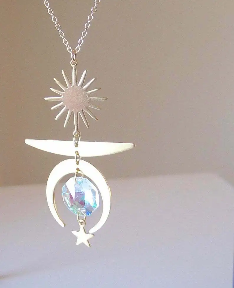

Mystical Magical Sun Moon Stars Crystal Rainbow Pendant Necklace,Boho Style,Gift for Her