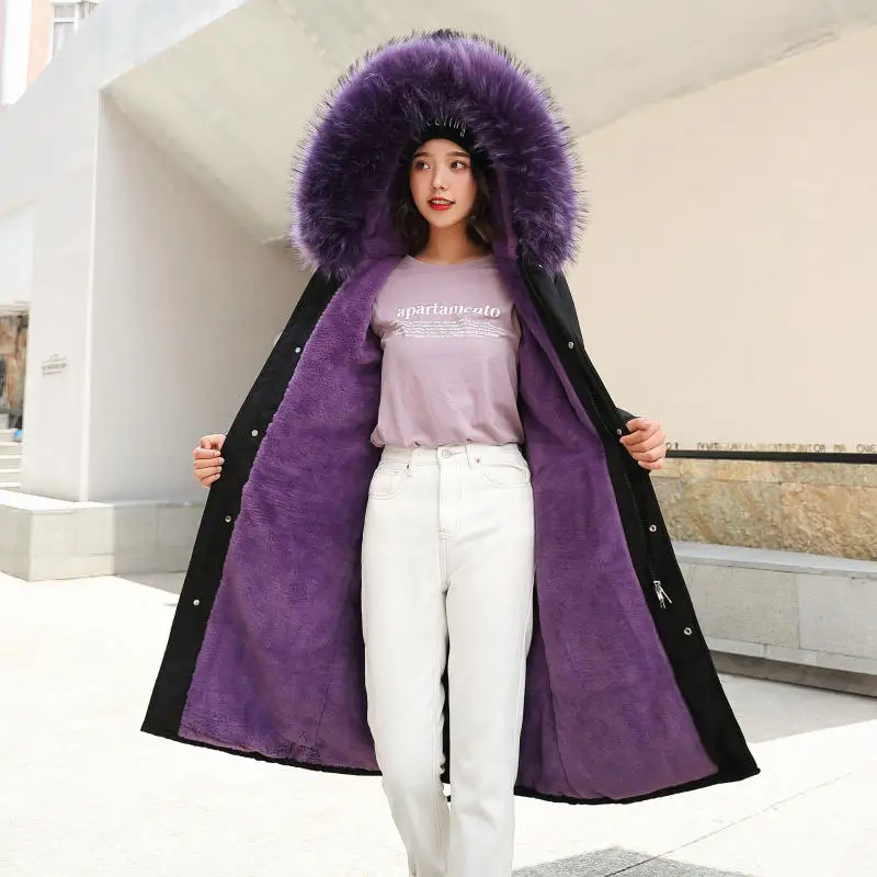 Purple Parka Зимняя женская куртка с капюшоном и меховым воротником, теплые длинные парки, женские пальто, пуховая хлопковая куртка, Женское пальто с подкладкой, Q1942 - Цвет: Purple Parka