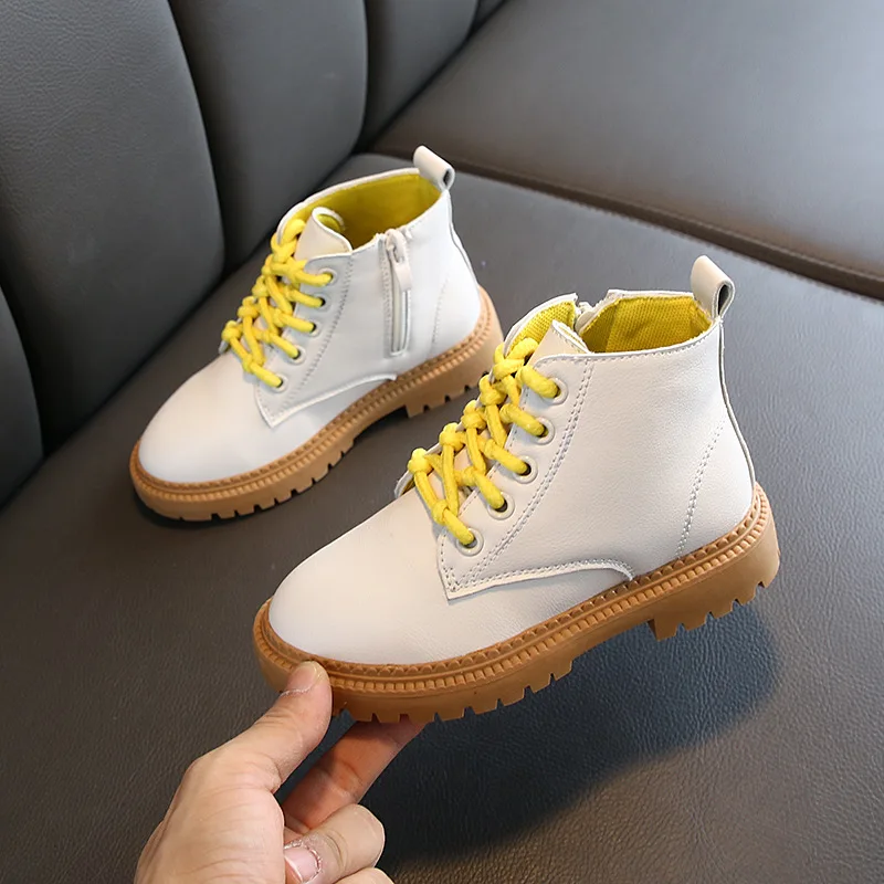 Белые кожаные детские ботинки Martin Осенняя обувь для мальчиков водонепроницаемая