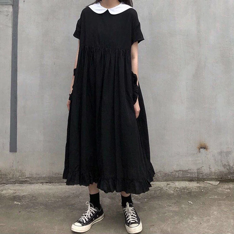 

Summer Dress Women Black Kawaii Sweet Japanese Preppy Style Ruffles Midi Dresses Oversize Loose Sundress Casual Robe