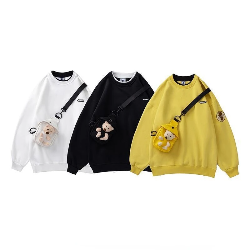 Winter Plush Thick Bear Pullover with Bag Men and Women Loose Couple Fake Two-piece Tops Long Sleeve Solid O-Neck Sweatshirt
