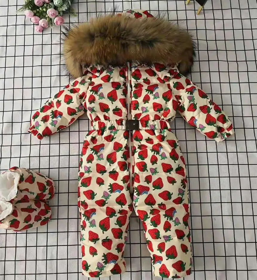 picture 1 Зимний пуховик с капюшоном и натуральным мехом, комбинезон для младенцев, зимняя одежда, костюм, пуховик с принтом для девочек, куртка для детей, верхняя одежда, Y2127 - Цвет: picture 1