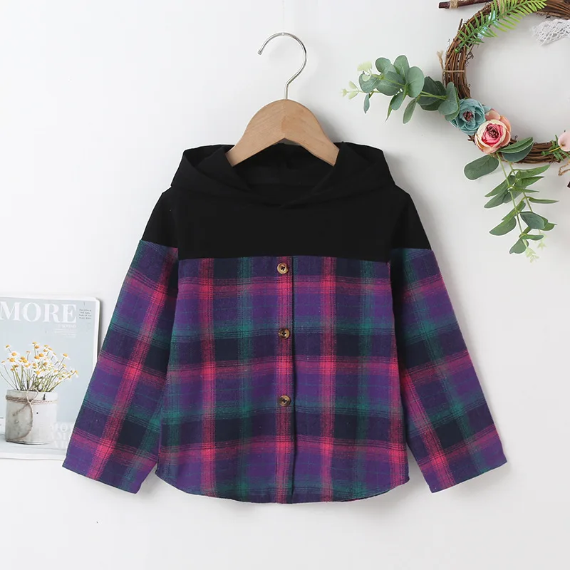 

Winter Children Casual Cotton Long Sleeve Hooded Patchwork Single Breasted Purple Plaid Hoodies Casual Baby Boys Hoodies 18M-6T
