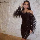 Сверкающее черное коктейльное платье с блестками и перьями 2022 Сексуальные вечерние платья с длинным рукавом с открытыми плечами Короткие Выпускные платья