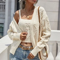 knitted streetwear short cardigan womens suspender jacket sweater casual slim autumn and winter sweater jacket two piece suit