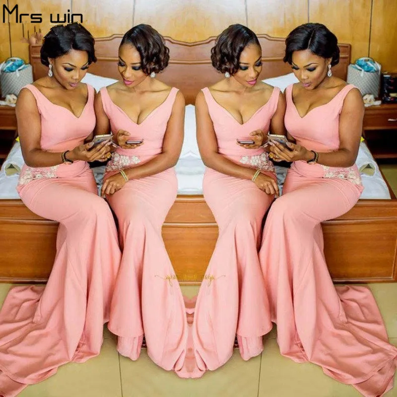 Mrs win длинные платья подружек невесты розового цвета с v образным вырезом Vestido Madrinha