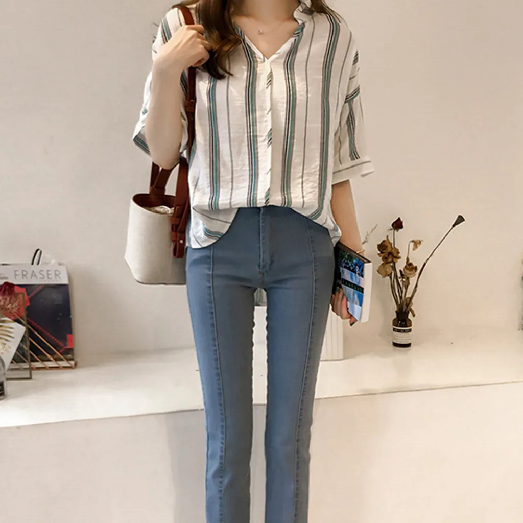 Женская Повседневная рубашка из хлопка и льна с v образным вырезом в полоску