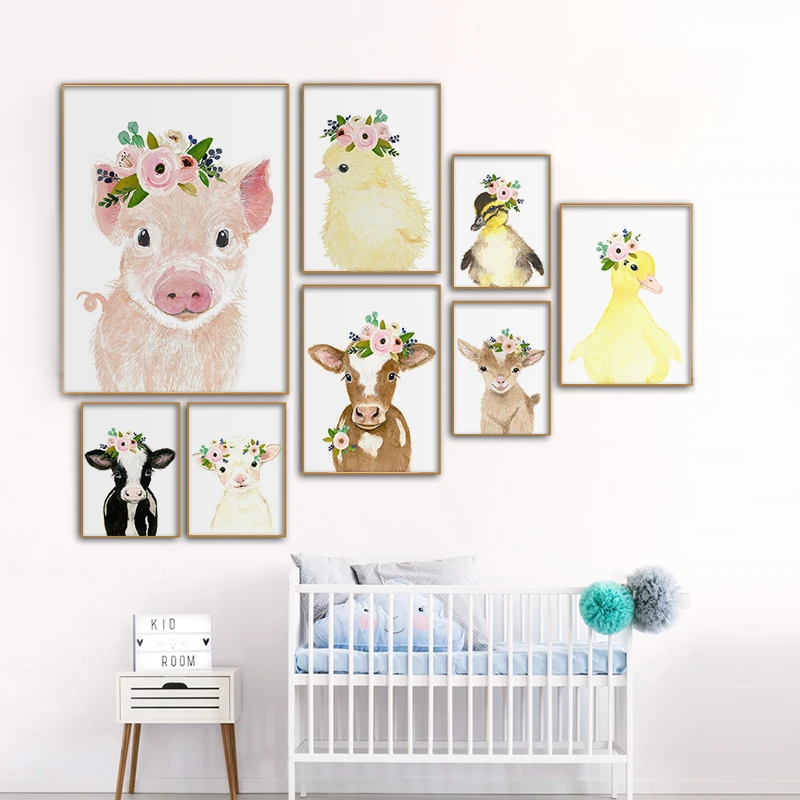 

Watercolor Animal Poster Cow Pig Chicken Duck Cute Cartoon Kindergarten Children Room Decorative Painting Baby Kids Room Decor