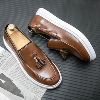 men british style pu leather fashion casual board shoes male breathable fringe retro loafer moccasin comfy slip on leisure shoe