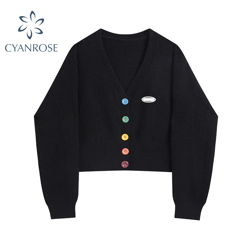 

2021 Autumn Women Preppy Style Black Knitted Cardigans Korean Loose Harajuku V Neck Long Sleeve Y2k Sweater Crop Tops Female