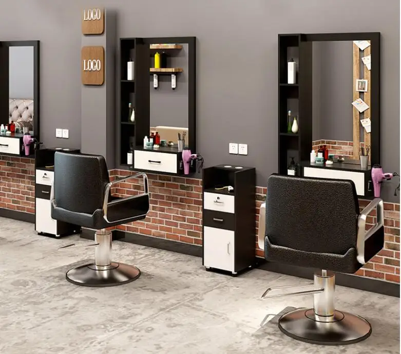

2PCSHairdressing shop mirror cabinet integrated hair salon wall mounted mirror barber shop mirror platform