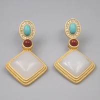 pure 925 sterling silver stud earrings rhombus nephrite hetian jade round red agate oval turquoise dangle earrings