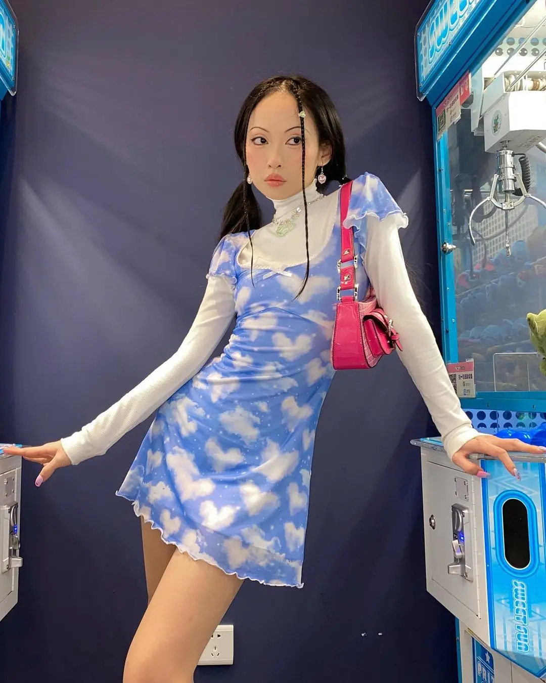 

Vestido de adorno para mujer, cuello cuadrado de manga corta con estampado de corazn en la nube de una pieza con lazo