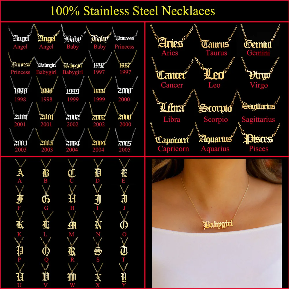 

Fashion Gothic Initial Alphabet Jewelry Babygirl Angel Letter Necklace Wholesale Stainless Steel Girl Women Zodiac Necklaces