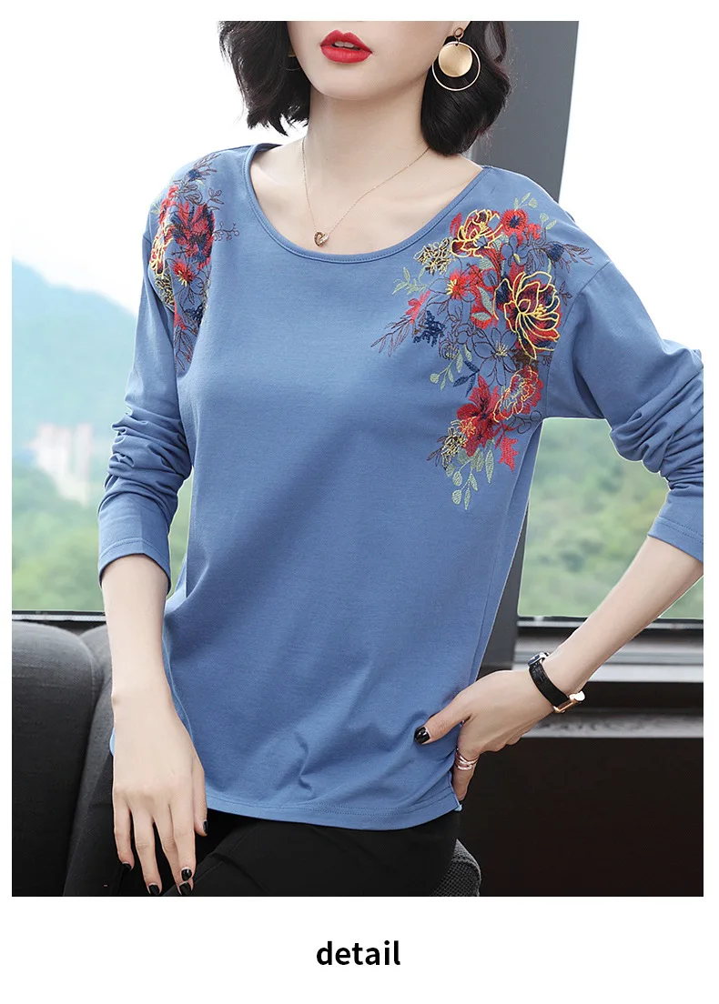 Mon Flower Embroidery Long Sleeve Tshirt Women O-Neck Fashion Clothes Female Folds Tee Shirts Casual | Женская одежда