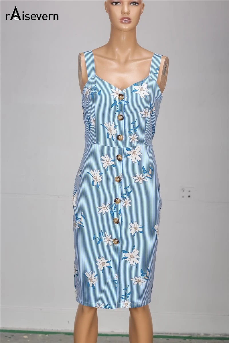 Raisevern Striped Printed Sling Long Split Dress Botton Fishtail 2019 Sweet High Waist Women Tight Sleeveless | Женская одежда