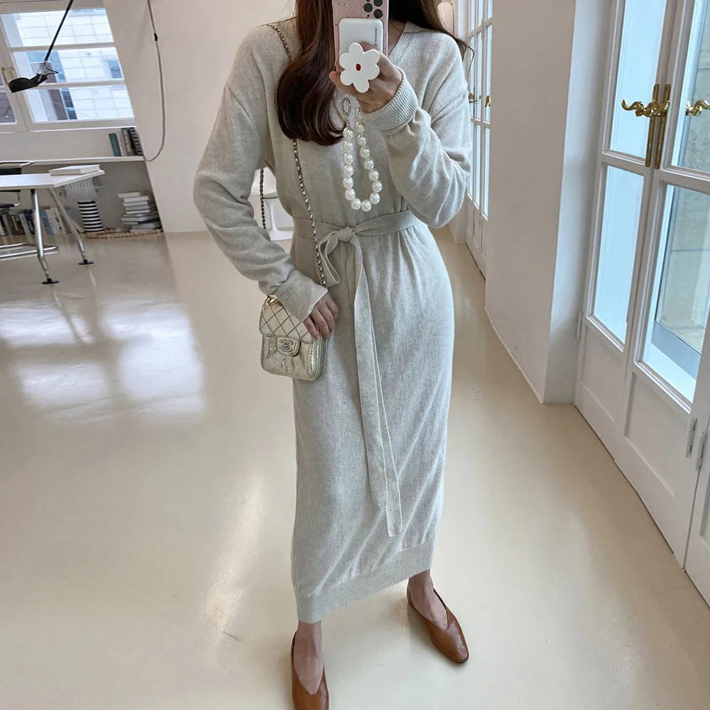 

2021 Knitting Women Dress Korean Fashion New Autumn Winter Solid Color Long Sleeve Casual Simplicity Womens Pullover Dress