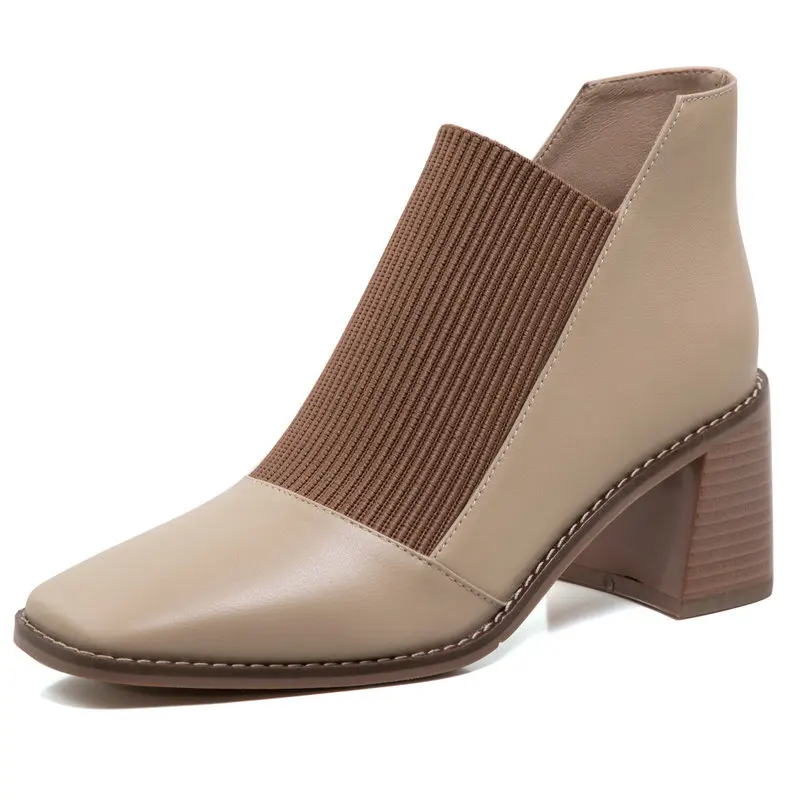 

Square Toe Chelsea Boots Concise Designer Thick Heels Shoes For Women Autumn Winter Genuine Leather Female Ankle Boots