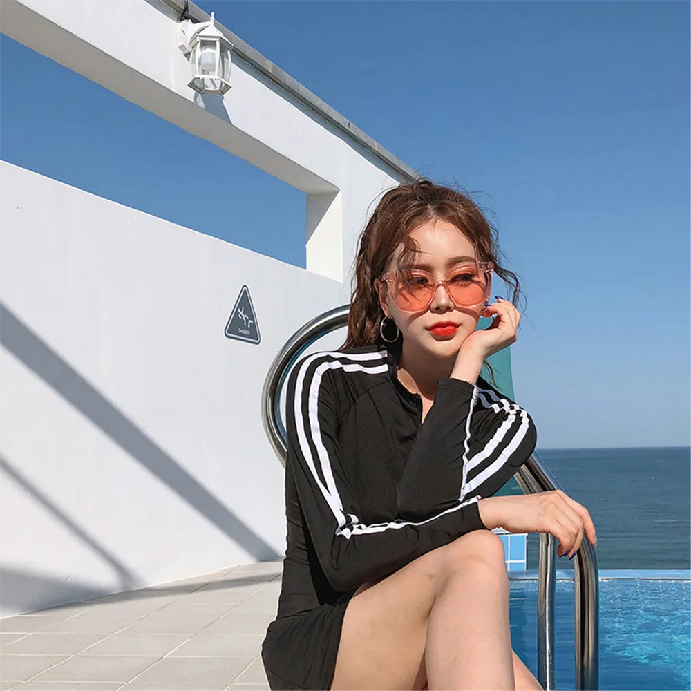 Женский Цельный купальник с длинным рукавом однотонная одежда для плавания