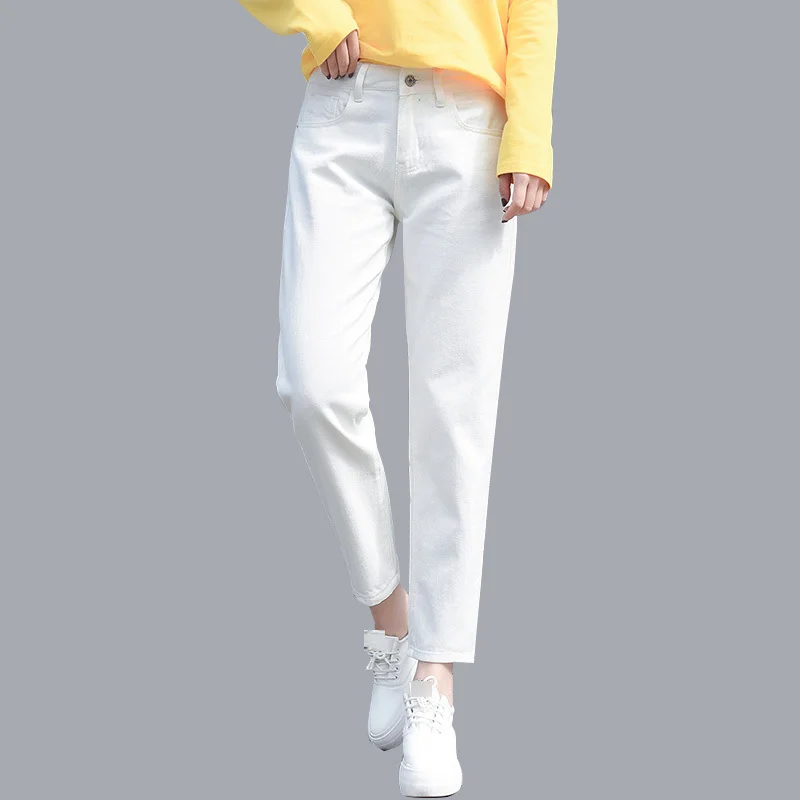 Хлопковые белые джинсы для женщин шаровары с высокой талией мам размера плюс