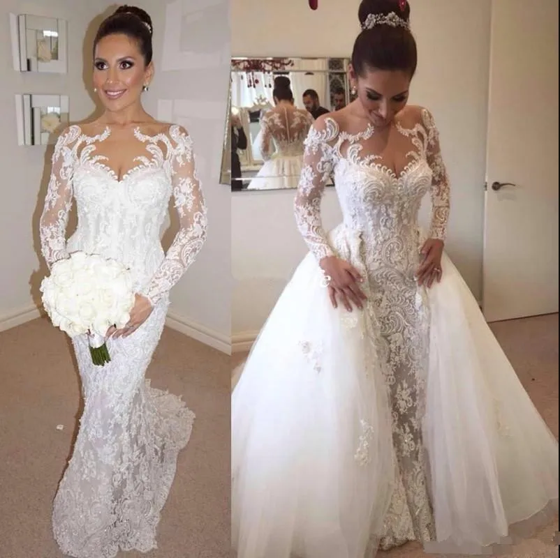 

Beach Mermaid Wedding Dresses with Detachable Train 2021 Full Lace Applique Long Sleeve Princess Church Garden Bride Gowns