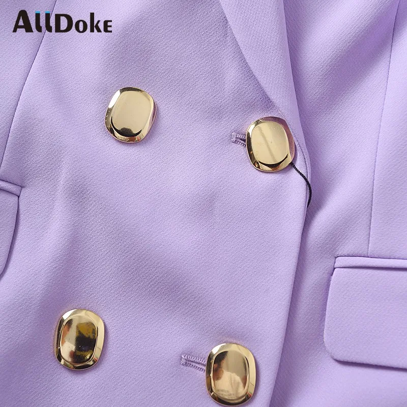 

ALLDOKE purple casual button blazers women autumn notched long sleeve double pockets coats vintage ladies blazers coats mujer