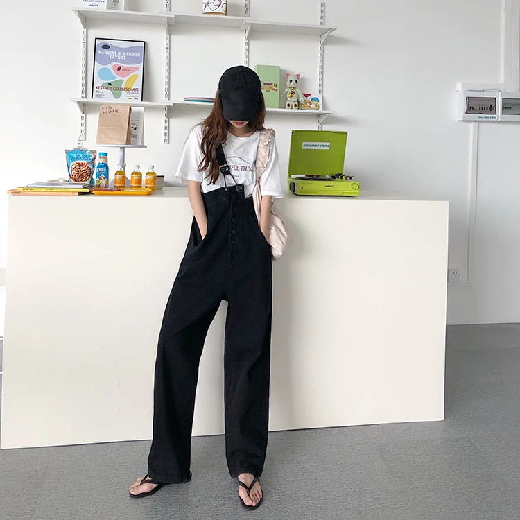 

SML 2 colors jeans womens 2020 autumn loose fashion wide leg trousers jumpsuit korean casual denim overalls womens (78393