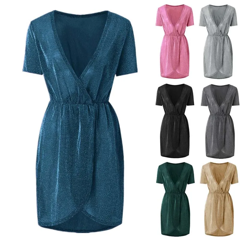 

2020 Summer Sequined Dress Women Slim Night Club Dress Elegant Short Party Dress Female V-neck Sequin Dresses Bodycon for Women