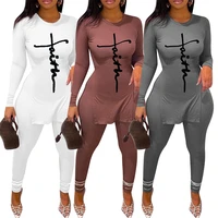 drop shipping women casual tracksuits letter printing high waist skinny pants o neck split t shirts ottoman 2021 autumn outfits