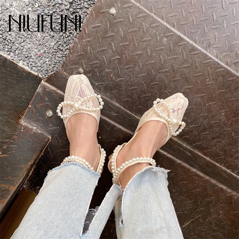 

Square Toe Sandals Lace Bow Pearl Women Sandals Beige Mesh Breathable Bare Strap Buckle Slingback Sandals Summer Slides Shoes