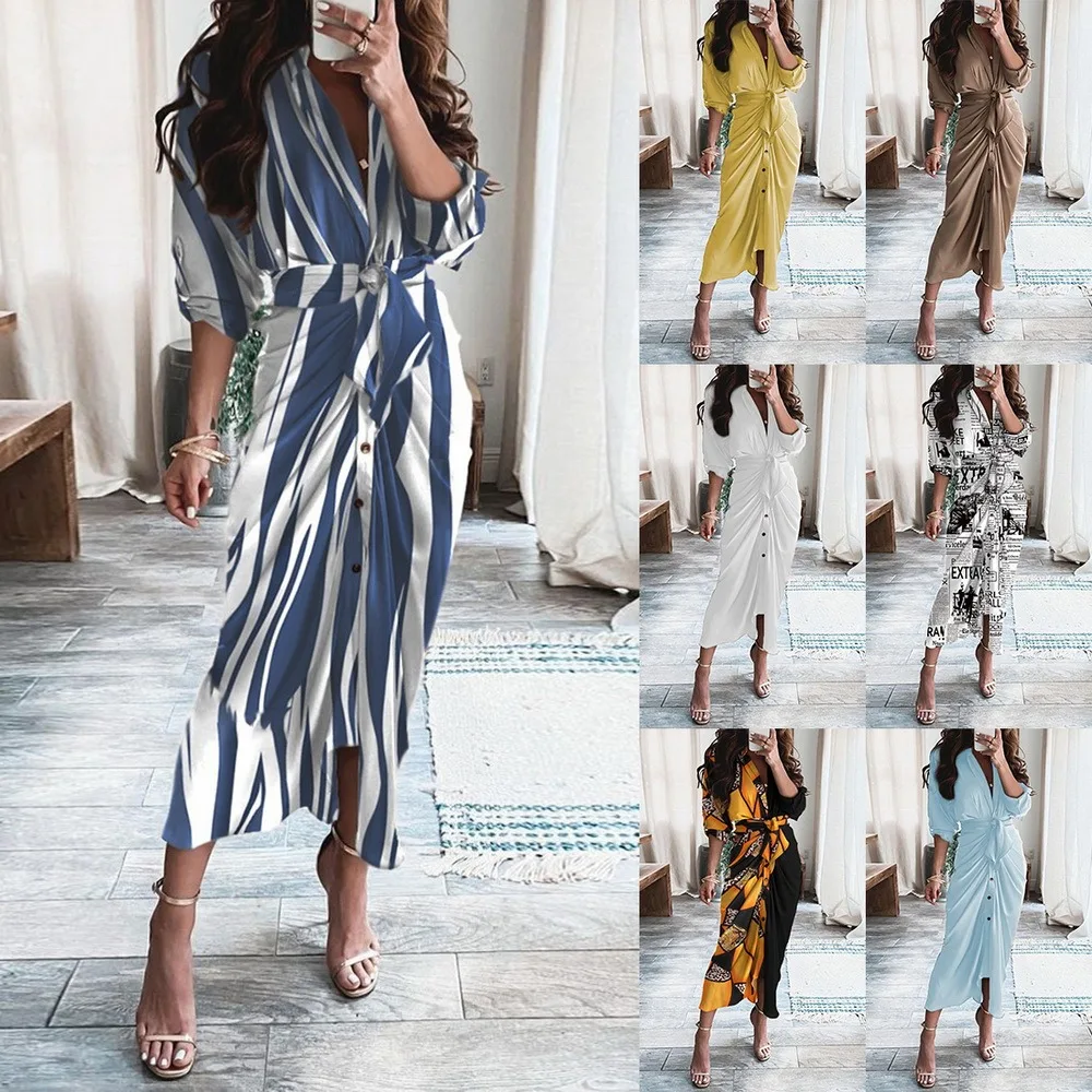 

2021Summer Dress Woman Long Dresses for Women 2021 Short Sleeve Shirt Dress with Wrap Belt Black Casual Button Solid Sundress