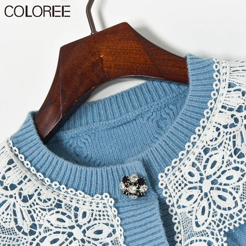 

Fashion Lace Patchwork Cardigans Women 2021 Blue Knitted Sweater Autumn Winter Long Sleeve Jumper Casual Streetwear