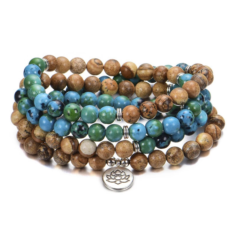 

108 Mala Necklaces & Bracelets for Women African Turquoises Yoga Bracelet Pulsera Lotus Charm Bracelets New Multilayer Jewelry