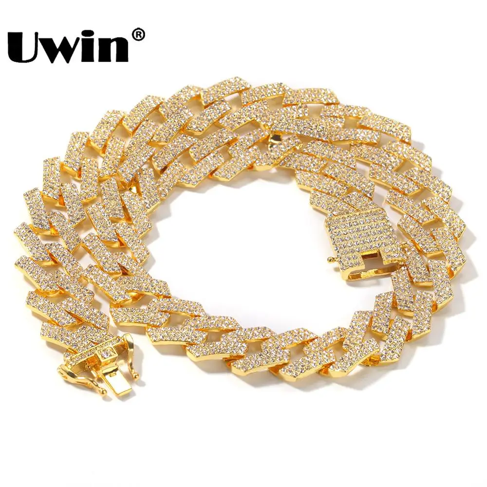 UWIN 20mm Prong Cuban Link Chains Necklace Fashion Hiphop Jewelry 3 Row Rhinestones Iced Out Necklaces For Men | Украшения и
