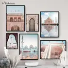 Исламская архитектура, настенная живопись, мечеть, храм, мусульманская живопись на холсте, пейзаж, печать, Аллах, религия, картина, домашний декор