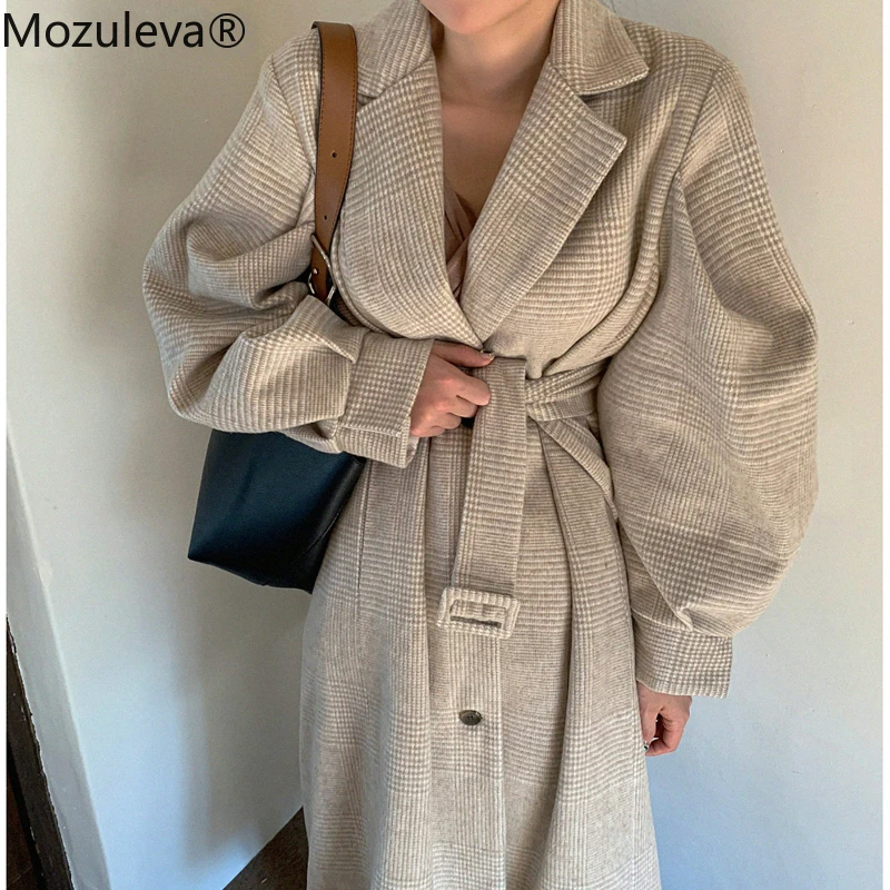 

Женское шерстяное пальто BornSraVintage, длинное однобортное пальто в клетку с отложным воротником и пышными рукавами, с поясом, 2020