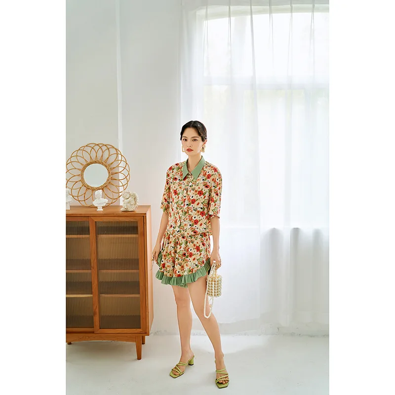 

New Summer Short Sleeve Two Piece Dream Garden Advanced Sense Ice Silk Pajamas for Women Shorts Lapel Print Loose Home Clothes