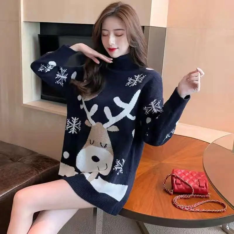 

Ladies Sweater High Neck Western Fashion New Year Red Elk Cartoon Jacquard Sweater Mid-length Bottoming Shirt for Outer Wear