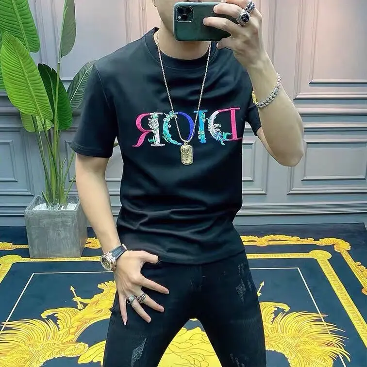 

2021 summer new Korean men's short sleeve T-shirt high end light luxury embroidered top half sleeve shirt