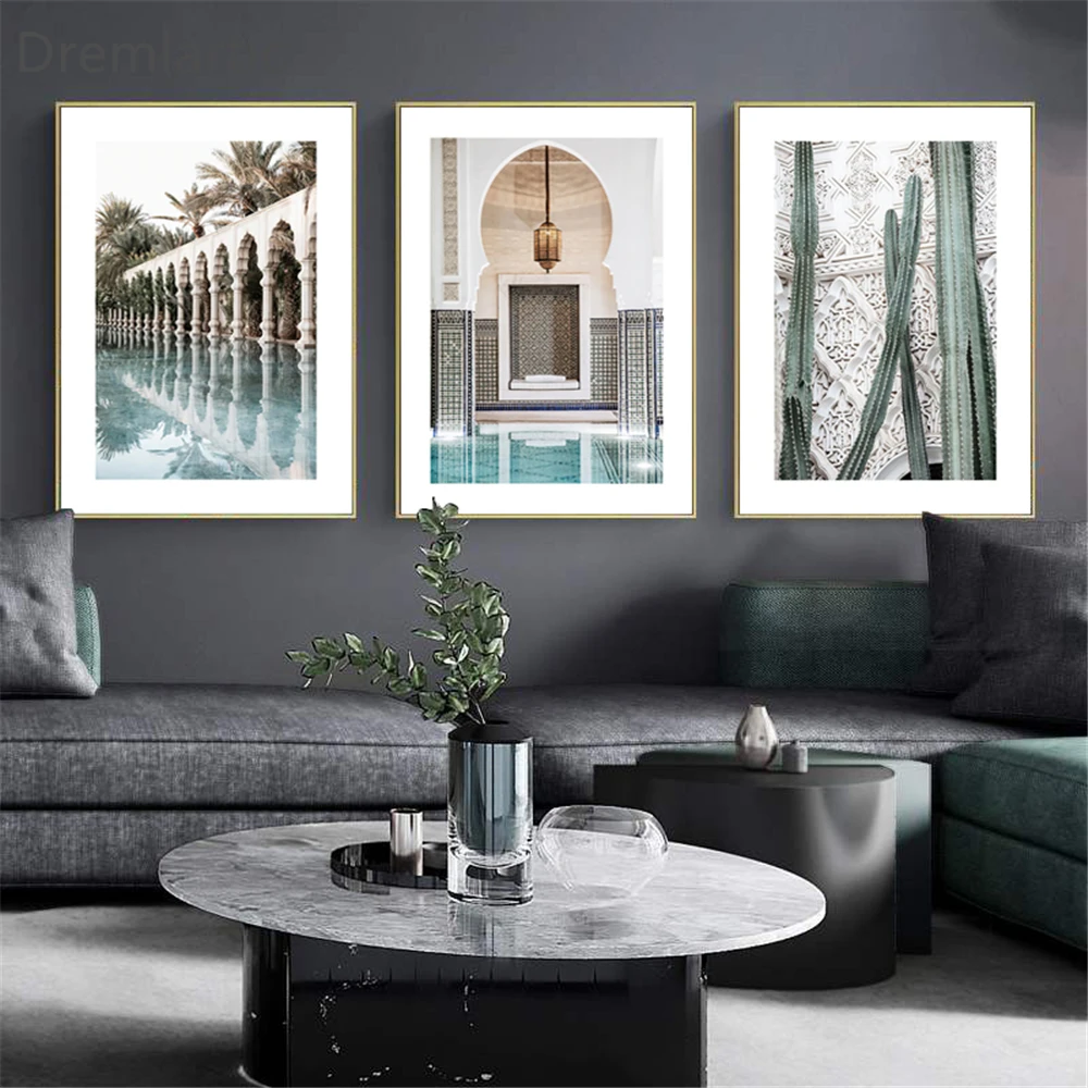 

Sky Blue Pink Gold Moroccan Style@W Canvas Poster Silk Fabric Modern Style Prints Party House Decor Room#2021-0128--04