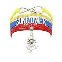 10pc infinity love sunflower charm silver plated leather wrap flower bracelets bangles for women men jewelry