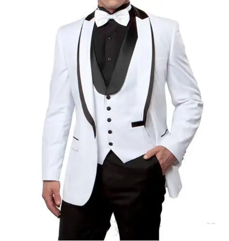 

New Arrivals One Button White Groom Tuxedos Peak Lapel Groomsmen Best Man Mens Wedding Suits (Jacket+Pants+Vest+Bow Tie)