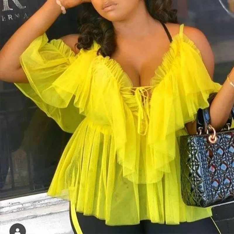 

Summer Sexy Gauze Womens Vintage Ruffle Mesh Blouse Top Fashion Woman Transparent Streetwear Tops 2021 Spring Suspender Backless