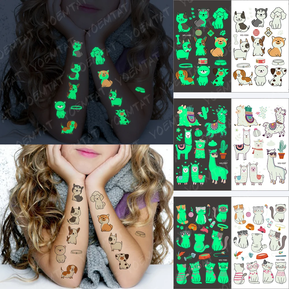 

9 Kinds Of Dog Waterproof Temporary Tattoo Stickers Luminous Children's Body Art Glow Arm Tatoo Cartoon Animal Fake Tatto
