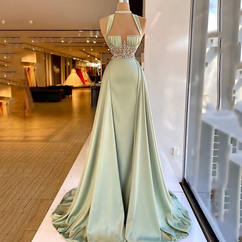 Thinyfull Arabic Green Mermaid Evening Dress 2021 Elegant Sleeveless Halter Neck Soft Satin Beading Prom Dresses Long Party Gown