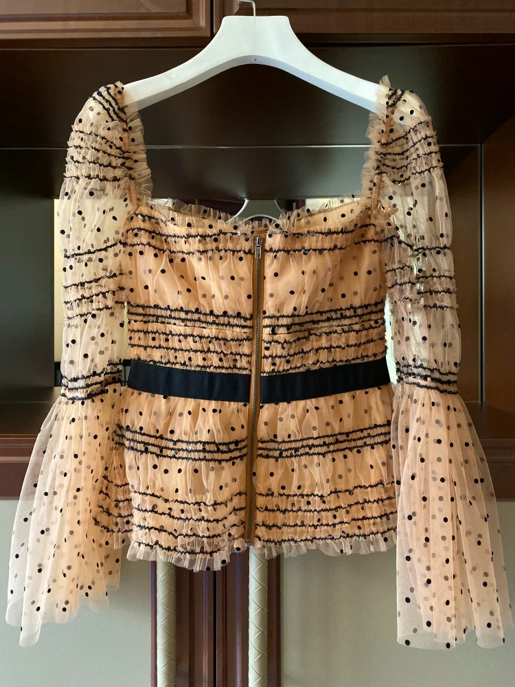 2020 весна лето женская Высококачественная рубашка в горошек с расклешенными