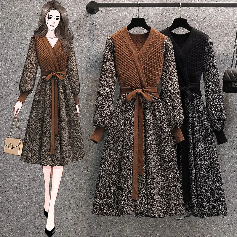 

2021 Autumn Womens Dresses Fashion Corduroy V-Neck Floral Stitching Bow Lace Up Long Dress Female M-4XL Robe M1062
