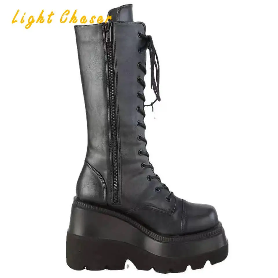 Brand Design Big Size 43 Black Gothic Style Cool Punk Motorcycles Boots Female Platform Wedges High Heels Calf Boots Women Shoes