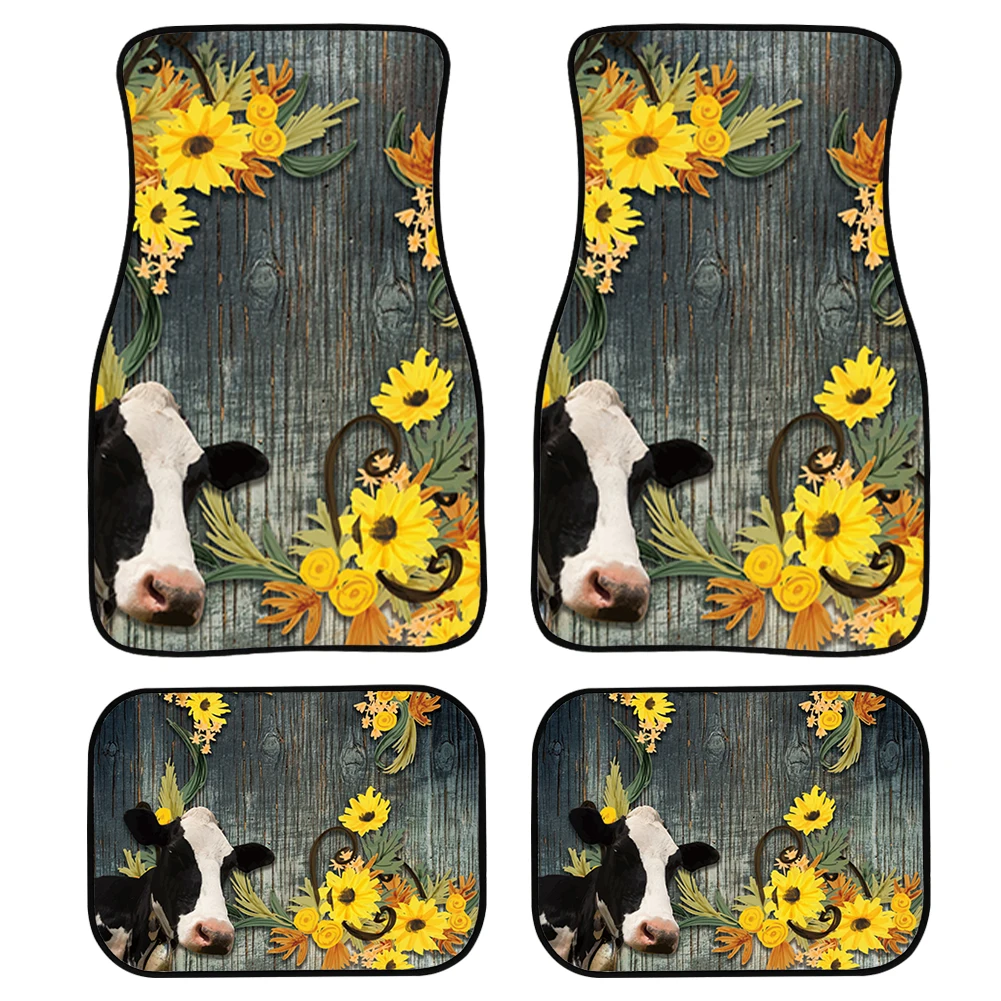 

INSTANTARTS Fashion Sunflowers and Funny Cows Print Comfortable Car Protector Custom Car Floor Mats Durable Carpet Rug Set of 4
