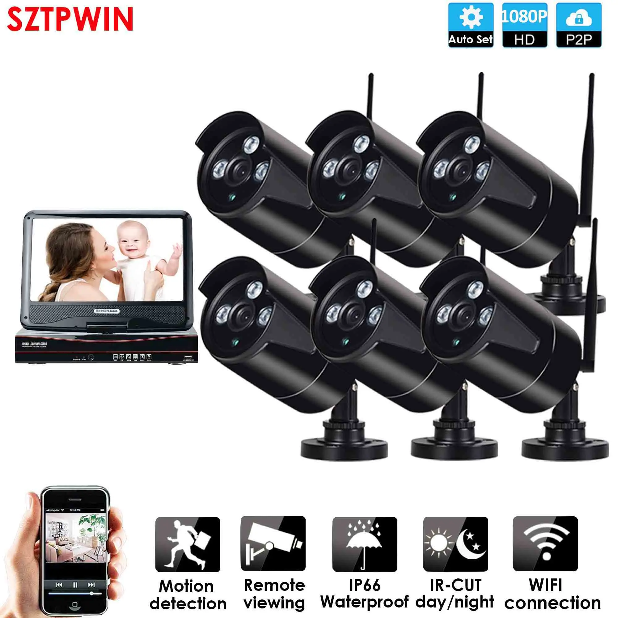 8CH 1080P Аудио Беспроводная система видеонаблюдения сетевая 10," LCDMonitor NVR рекордер Wifi комплект 1080P HD 2.0MP аудио Wifi камера - Цвет: 6ch 1080p LCD Black